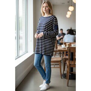 NEW Lauren Ralph Lauren Womens 2X Blouse Blue Gold Striped 3/4 Sleeve Top Tunic